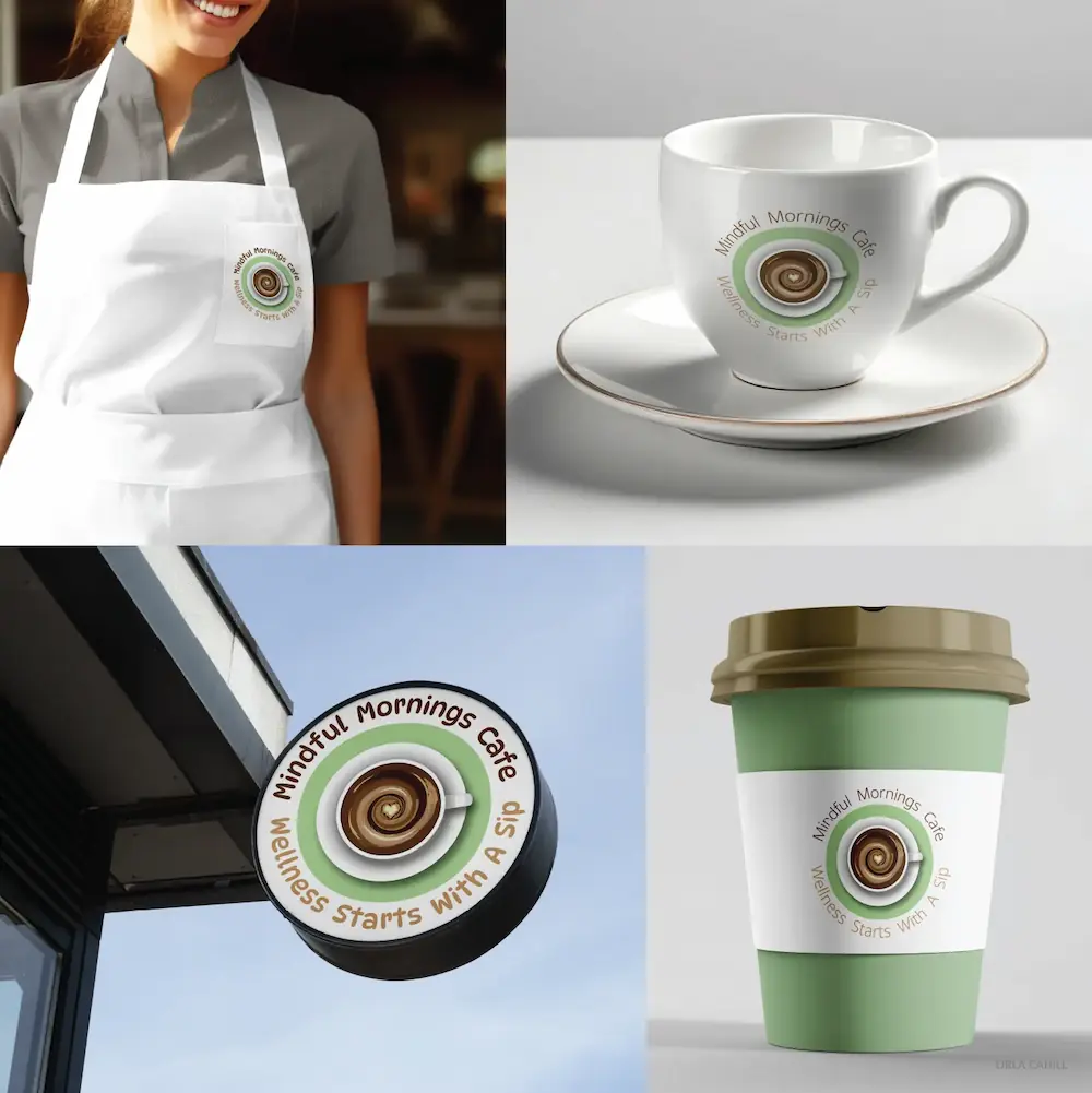 Mindful Mornings brand applications showing final logo on coffee shop collateral